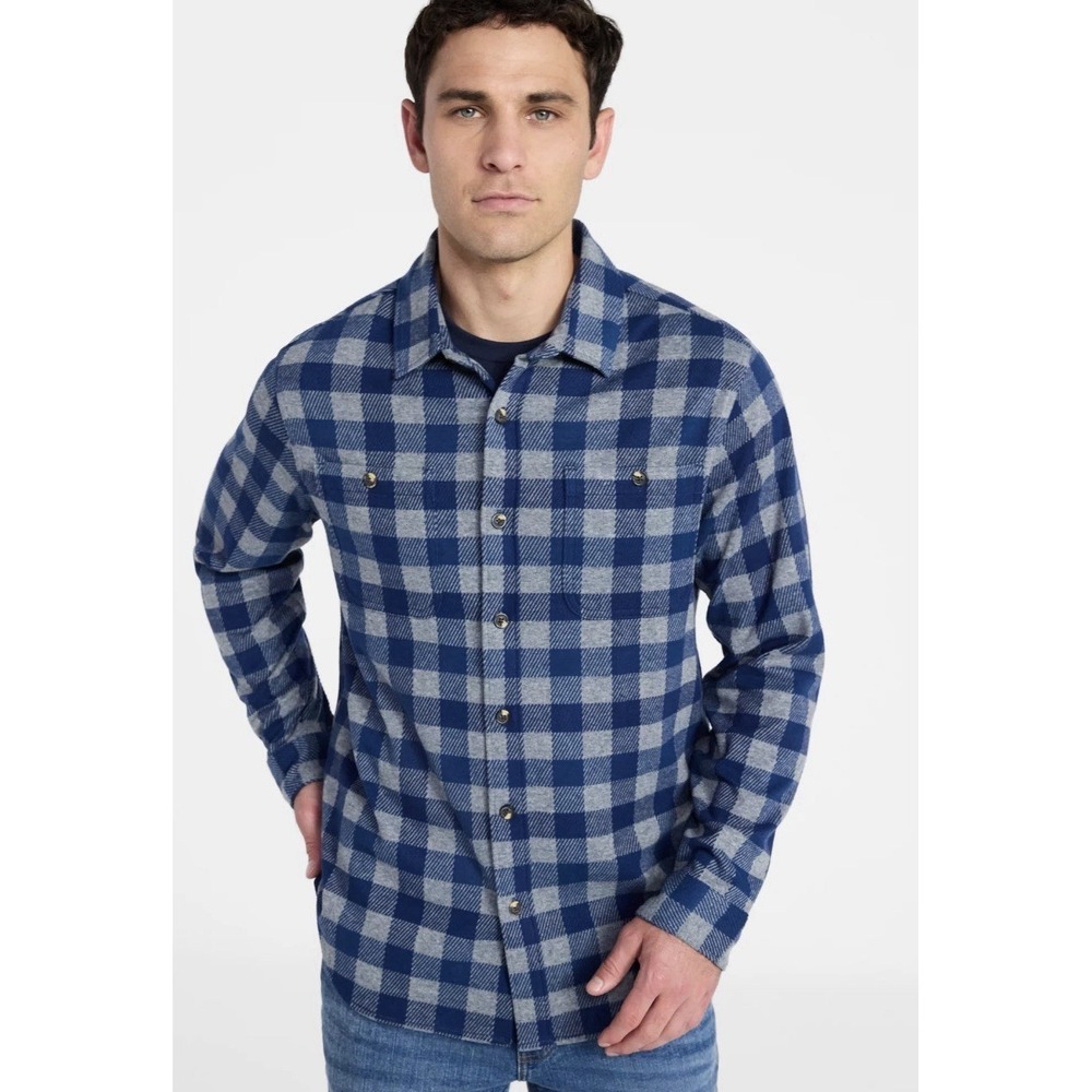 George-Mens-Plaid Denim Blue-Knit Overshirt-Long Sleeves-Sz‎ S-NWT